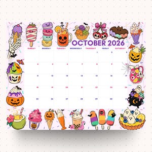 Könnte beinhalten: Eine Monatskalenderseite für Oktober 2026 mit einem Rasterlayout auf hellviolettem Hintergrund. Der Rand ist mit bunten Illustrationen von Halloween-Leckereien verziert, darunter Kürbisse, Geister und verschiedene Süßigkeiten.
