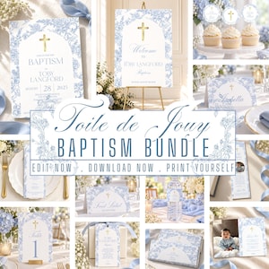 May include: A baptism stationery bundle featuring a blue and white toile de Jouy floral pattern with gold cross accents. The set includes invitations, welcome signs, cupcake toppers, place cards, menus, table numbers, and water bottle labels.