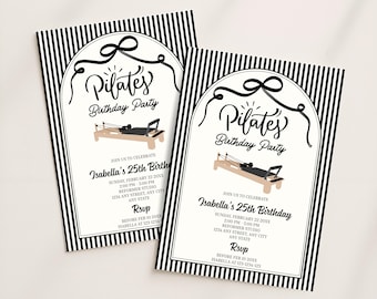 May include: Two Pilates birthday party invitations. Each card features a black and white striped border, with the words "Pilates Birthday Party" in elegant script. The invitations include event details.