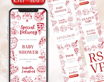 Può includere: Uno smartphone mostra un invito a un baby shower a tema pizza. L'invito presenta illustrazioni rosse di fette di pizza, chef e biciclette. Il testo include "Special Delivery" e "Baby Shower."