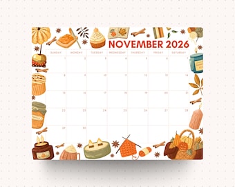 November 2026 Calendar Cozy Autumn Printable Monthly Calendar for Home School and Office 2026 Dated Calendar Instant Download