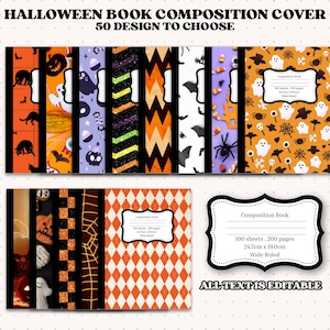 May include: Composition books with Halloween-themed covers. Designs include bats, ghosts, spiders, and pumpkins in orange, black, purple, and white. The text says "Halloween Book Composition Cover" and "50 Design to Choose". Each book is 9.7 inches x 7.5 inches.