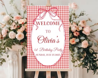 Red Bow Gingham Welcome Sign Template Wavy Ribbon Gingham Sign Elegant Bow Sign Checkered Invite Wavy Welcome Sign Birthday Party
