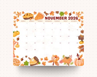 November 2026 Calendar Cozy Fall Printable Monthly Calendar for Home School and Office 2026 Dated Calendar Instant Download