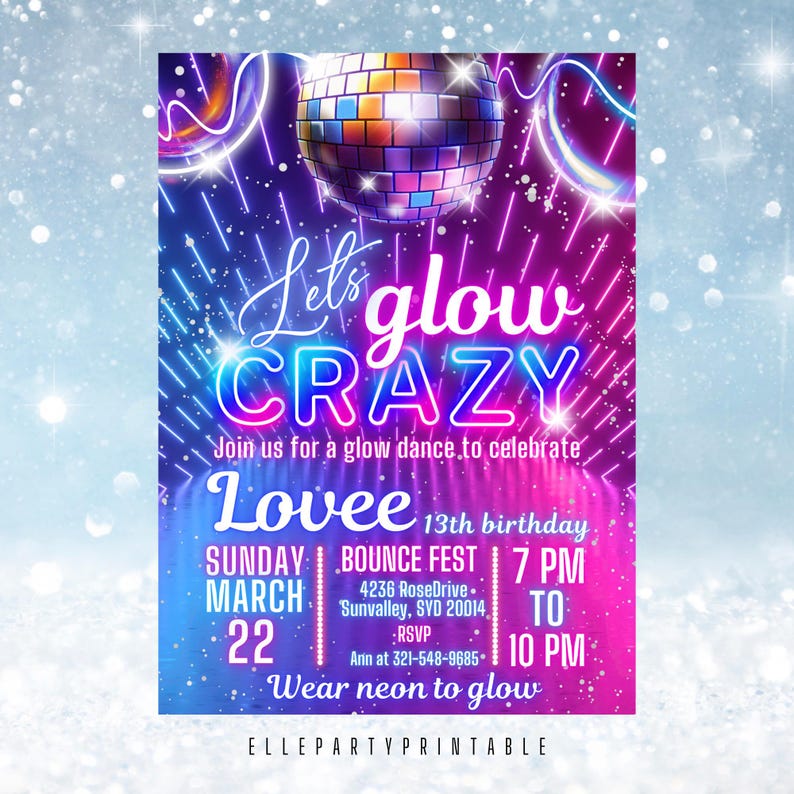 Editable Glow Disco Party Invitation Neon Glow Dance Party Lets Glow ...