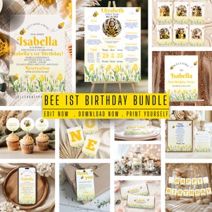 Editable First Bee day Bundle Beeday Invitation First Bee day Invite Firsr Bee day Girl 1st Bee day Decor Our Little Honey Bee Invite