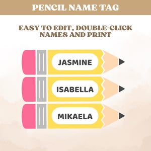 Pode incluir: Gráfico com três etiquetas de nome em forma de lápis amarelo com borrachas rosa e pontas pretas. Cada etiqueta exibe um nome: Jasmine, Isabella e Mikaela. O texto "PENCIL NAME TAG" e "EASY TO EDIT, DOUBLE-CLICK NAMES AND PRINT" está no topo.