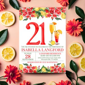 Editable Citrus Floral Pink 21st Invitation Turning Twenty One Year Old Celebrating 21st Invitation Girl 21st Birthday ecard
