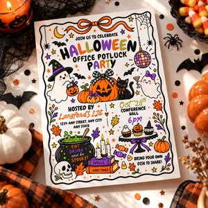 Op de afbeelding: Een Halloween kantoor potluck feest uitnodigingsflyer met kleurrijke illustraties van geesten, een pompoen, een zwarte kat, een ketel en cupcakes. De tekst luidt Join us to celebrate Halloween Office Potluck Party, Langford's Ltd, Oct 28th, Conference Hall, 6pm, Eat drink and be spooky, Spells, Good Times en Bring your own dish to share.