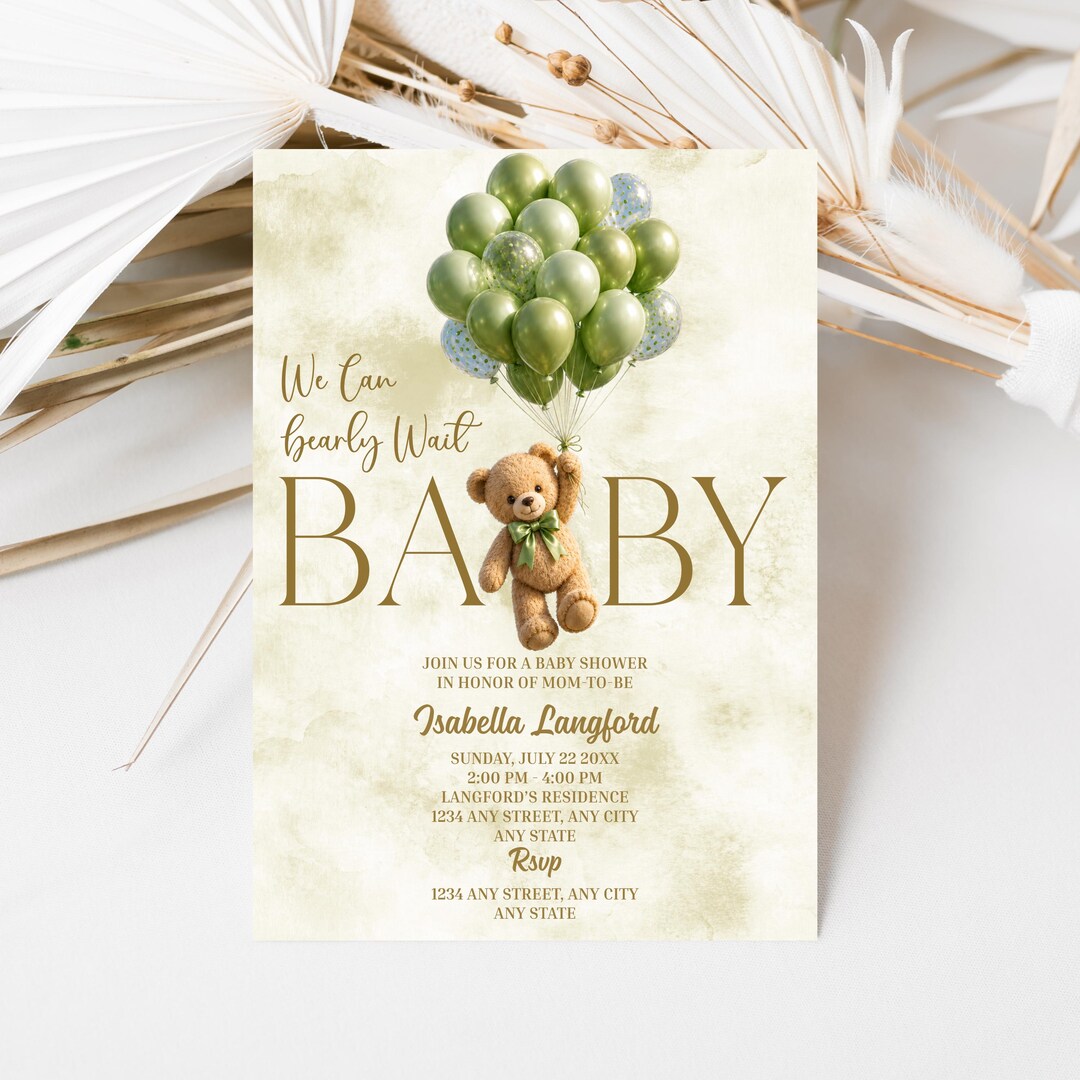 Editable Brown Bear Balloon Baby Shower Invitation We Can Bearly Wait ...