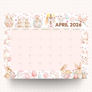 May include: A pastel pink April 2026 calendar featuring Easter-themed illustrations. The calendar is decorated with bunnies, Easter eggs, and floral accents. The days of the week are listed across the top, with the month and year prominently displayed.