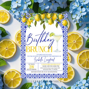 May include: A birthday brunch invitation with a lemon and floral theme. The invitation features the text "Birthday Brunch" in blue and yellow, with details including the date, time, and location. Sliced lemons and blue flowers surround the invitation.