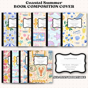 Pode incluir: Uma coleção de capas de cadernos com padrões de verão costeiro, incluindo veleiros, conchas, estrelas-do-mar e motivos tropicais. Cada capa inclui uma etiqueta com o texto Composition Book, 100 sheets, 200 pages, 24.7cm x 19.0cm, Wide Ruled.