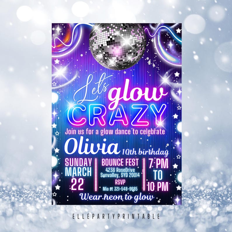 Editable Glow Disco Party Invitation Neon Glow Dance Party Lets Glow ...
