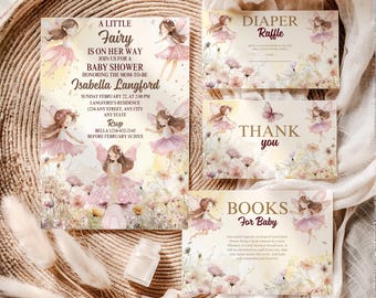 Bundle modifiable d'invitation de fée Baby Shower Suite enchantée fée florale d'invitation Fée de fleurs sauvages bébé fée d'invitation