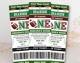 First Year Down Birthday Invitation Boy First Birthday Theme Rookie Year First Birthday Football 1st Game On Football Ticket Sports Birthday