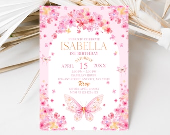 Editable Butterfly First Birthday Invitation Butterflies Theme Birthday Invitation Flower Birthday Invitation Girl First Birthday
