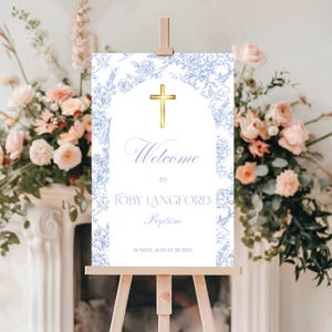 Placa de boas-vindas para batismo Azul Toile de Juoy Placa de boas-vindas para batismo de menino Faixa de sinal de batismo Arco elegante Arco azul empoeirado Batismo