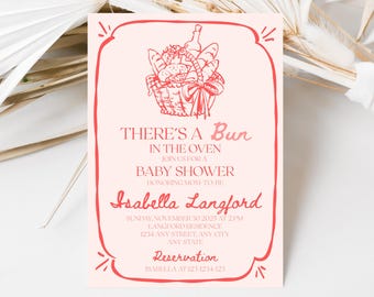 Bun in the oven baby shower invitation there's a bun in the oven baby shower invite for girl baby shower invitation hand drawn