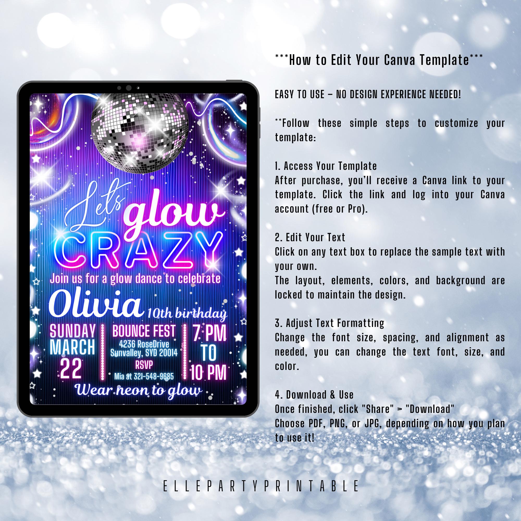 Editable Glow Disco Party Invitation Neon Glow Dance Party Lets Glow ...