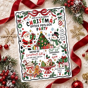 Peut inclure: Un dépliant d'invitation pour une fête de Noël au bureau avec des illustrations du Père Noël, d'un bonhomme de neige, d'un sapin, d'un mug de chocolat et d'un bonhomme en pain d'épices. Le texte indique : Join us to celebrate Christmas office potluck party, hosted by Langford's Ltd., Oct 28th, 6pm, and bring your own dish to share.