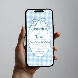 Editable Digital Blue Wavy Border Invite Blue Ribbon Invite Gingham Baby Invite Bow Gingham Invite Instant Download