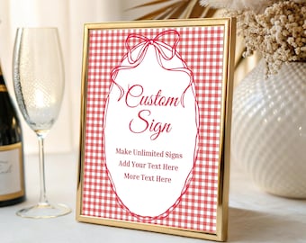 Red Bow Gingham Custom Sign Template Wavy Ribbon Gingham Sign Elegant Bow Sign Checkered Invite Wavy Custom Sign Instant Download