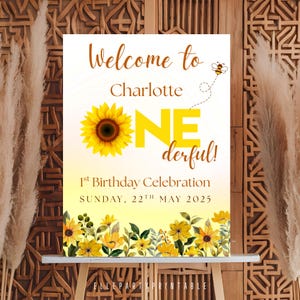 Bewerkbare zonnebloem Bee eerste verjaardag welkomstbord zonnebloem verjaardag poster zonnebloem verjaardag decor Instant Download