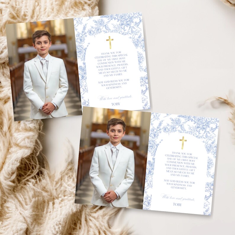 First Holy Communion Thank You Notes Toile De Jouy Boys First Holy ...