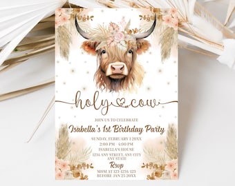 Holy Cow First Birthday Invite Boho Highland Cow 1st Birthday Invite Gender Neutral Invite Instant Download