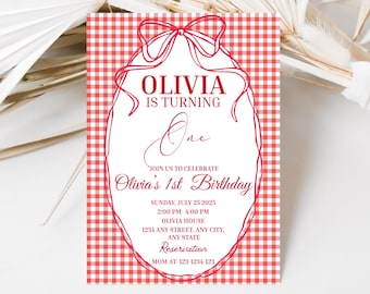 Editable Red Bow Gingham Invite Gingham 1st Birthday Red Ribbon Invite Wavy Border Invite Gingham Party Theme Instant Download