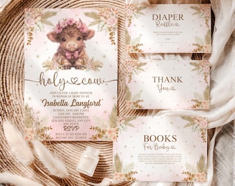 Boho Highland Cow Baby Shower Invitation Set Pink Baby Highland Cow For Baby Girl It's a Girl Invite Holy Cow Shower Instant Download