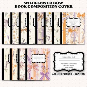 Puede incluir: Cubiertas de cuadernos de composición con diseños florales y lazos. Las cubiertas presentan rayas verticales en varios colores, incluyendo crema, naranja y lavanda, con ilustraciones botánicas. El texto "WILDFLOWER BOW BOOK COMPOSITION COVER" está en la parte superior.