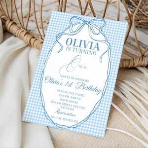 Editable Blue Wavy Border Invite Blue Ribbon Invite Gingham Baby Invite Checkered Invite Bow Gingham Invite Instant Download