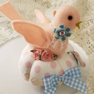 Made to Order Pink Bird Polka Dot Round Pincushion image 1