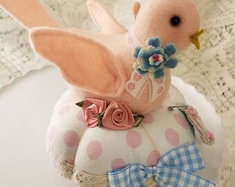 Made to Order Pink Bird Polka Dot Round Pincushion