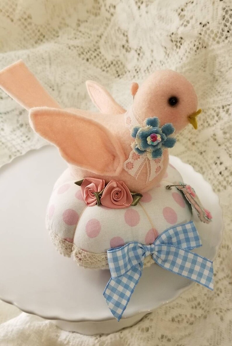 Made to Order Pink Bird Polka Dot Round Pincushion image 1