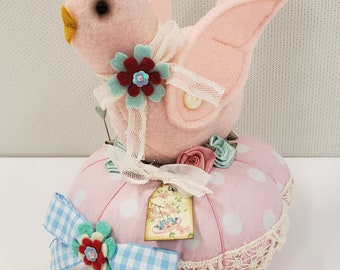 Made to Order Pink Bird Polka Dot Round Pincushion