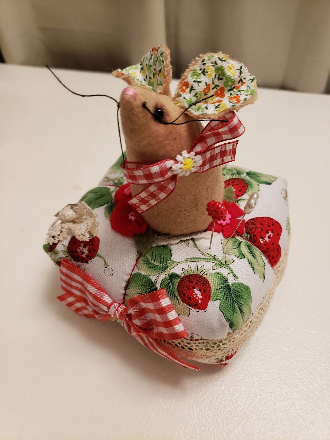 Mouse And Raspberry Fabric Made to Order Field Mouse Strawberry Fabric Pincushion - Etsy
