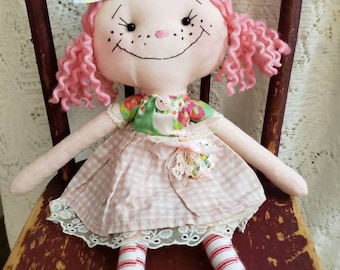 Made to Order Pink Curly Haired Small Fabric Doll with Pigtails