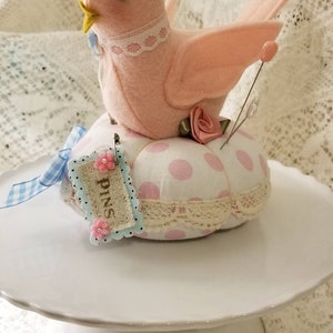 Made to Order Pink Bird Polka Dot Round Pincushion image 3