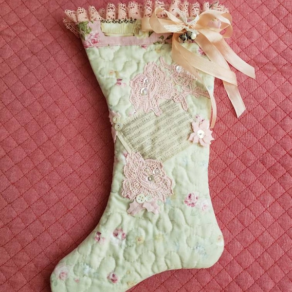 Shabby Chic Pink Ruffled Christmas Stocking Music Notes