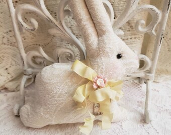 Made to Order Chenille Cream Colored Smaller Bunny with Seam binding Bow