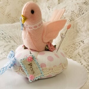 Made to Order Pink Bird Polka Dot Round Pincushion image 4