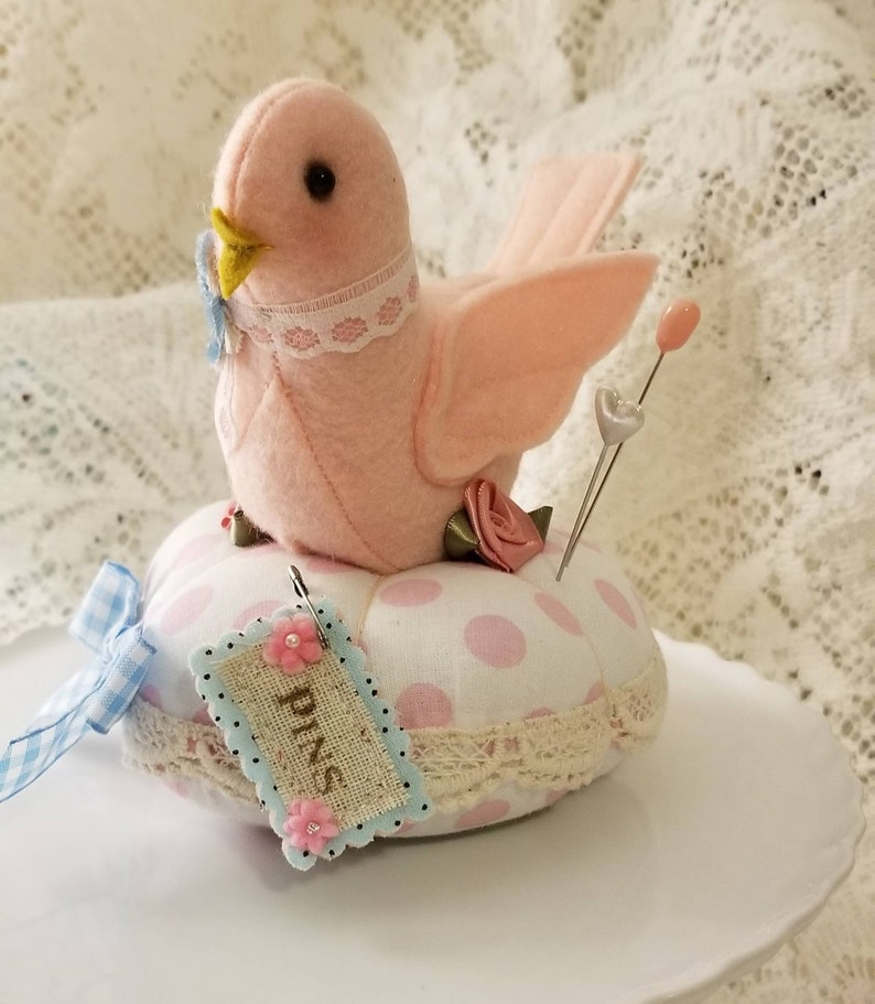 Made to Order Pink Bird Polka Dot Round Pincushion image 4