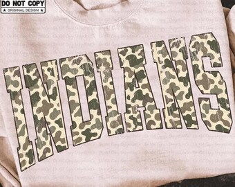 Indians PNG, Retro Camo Distressed Varsity Letters, School Spirit Game Day Shirt Design, Varsity Mascot Sublimation PNG, Team Pride PNG