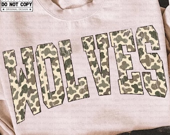Wolves PNG, Retro Camo Distressed Varsity Letters, School Spirit Game Day Shirt Design, Varsity Mascot Sublimation PNG, Team Pride PNG