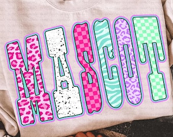 Custom Mascot Name PNG, Retro School Spirit Sublimation, Editable Team Shirt Design, Trendy Pride Leopard Zebra Checkered Letters PNG