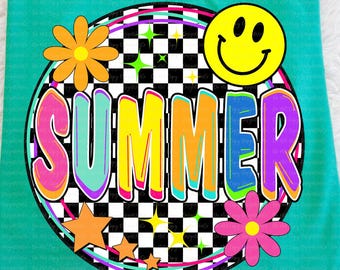 Summer PNG, Checkerboard Retro PNG, Smiley Groovy Colorful Design, Happy Y2K Aesthetic Vibes for Beach Shirt, Pool Cup, Summer Tote Bag Gift