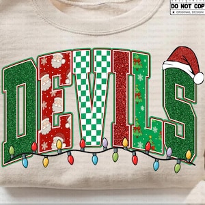 Devils Christmas PNG, Red Green Glitter Checkered Letters, Retro Santa Mascot Christmas Design, Team Spirit Game Day Sublimation PNG